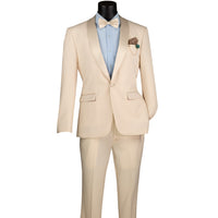 VINCI Men's Champagne Beige Stretch 1-Button Slim-Fit Shawl Tuxedo - NEW. Features a sleek slim-fit design with skinny sateen shawl lapel and flat-front pants ready for tailoring. Ideal for weddings, galas, and formal occasions. Available at Fashion House Inc. (FH Menswear)