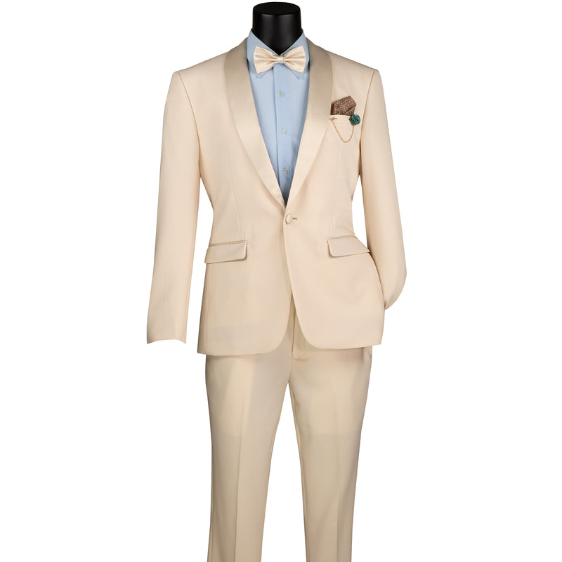 VINCI Men's Champagne Beige Stretch 1-Button Slim-Fit Shawl Tuxedo - NEW. Features a sleek slim-fit design with skinny sateen shawl lapel and flat-front pants ready for tailoring. Ideal for weddings, galas, and formal occasions. Available at Fashion House Inc. (FH Menswear)