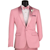 VINCI Men's Dusty Rose (Pink) Stretch 1-Button Slim-Fit Shawl Tuxedo - NEW. Features a sleek slim-fit design with skinny sateen shawl lapel and flat-front pants ready for tailoring. Ideal for weddings, galas, and formal occasions. Available at Fashion House Inc. (FH Menswear)