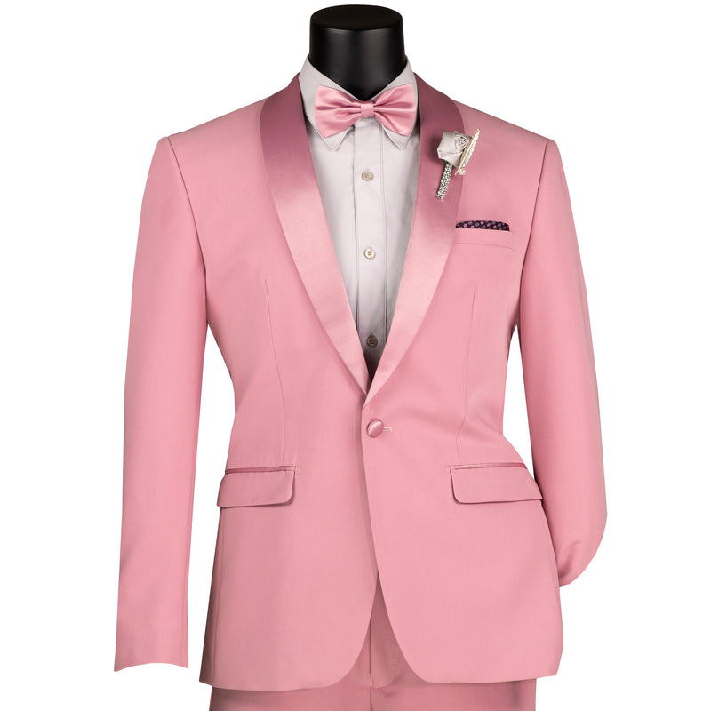 VINCI Men's Dusty Rose (Pink) Stretch 1-Button Slim-Fit Shawl Tuxedo - NEW. Features a sleek slim-fit design with skinny sateen shawl lapel and flat-front pants ready for tailoring. Ideal for weddings, galas, and formal occasions. Available at Fashion House Inc. (FH Menswear)