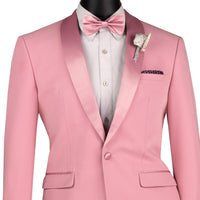 VINCI Men's Dusty Rose (Pink) Stretch 1-Button Slim-Fit Shawl Tuxedo - NEW. Features a sleek slim-fit design with skinny sateen shawl lapel and flat-front pants ready for tailoring. Ideal for weddings, galas, and formal occasions. Available at Fashion House Inc. (FH Menswear)
