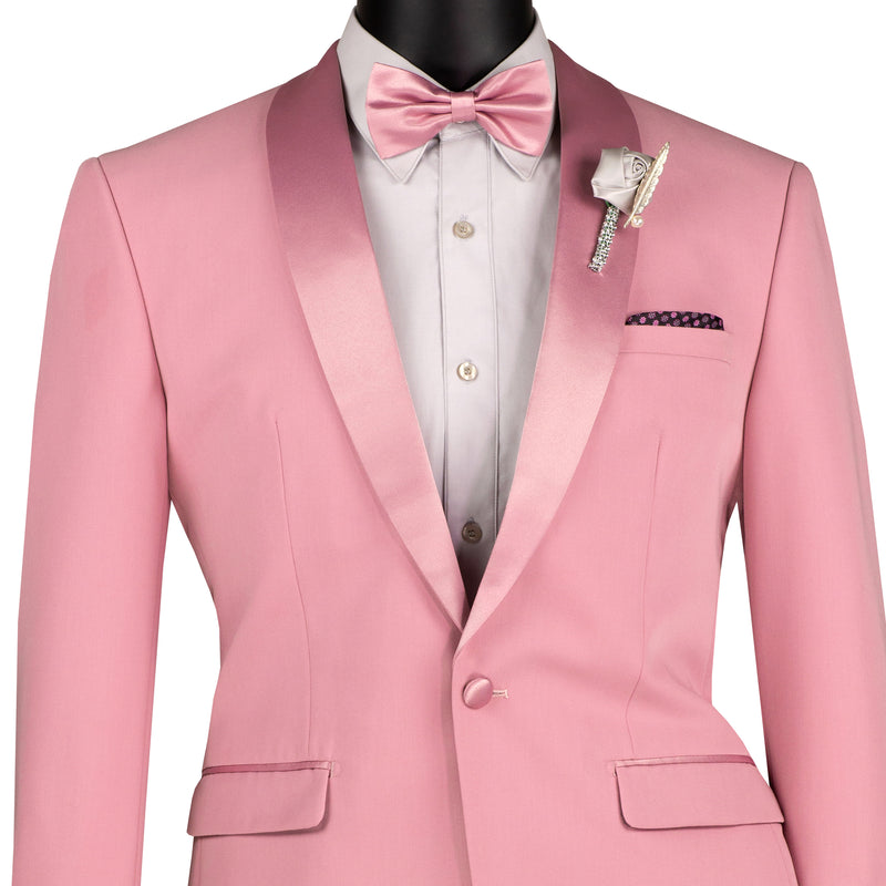 VINCI Men's Dusty Rose (Pink) Stretch 1-Button Slim-Fit Shawl Tuxedo - NEW. Features a sleek slim-fit design with skinny sateen shawl lapel and flat-front pants ready for tailoring. Ideal for weddings, galas, and formal occasions. Available at Fashion House Inc. (FH Menswear)