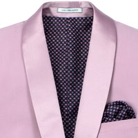 VINCI Men's Dusty Rose (Pink) Stretch 1-Button Slim-Fit Shawl Tuxedo - NEW. Features a sleek slim-fit design with skinny sateen shawl lapel and flat-front pants ready for tailoring. Ideal for weddings, galas, and formal occasions. Available at Fashion House Inc. (FH Menswear)