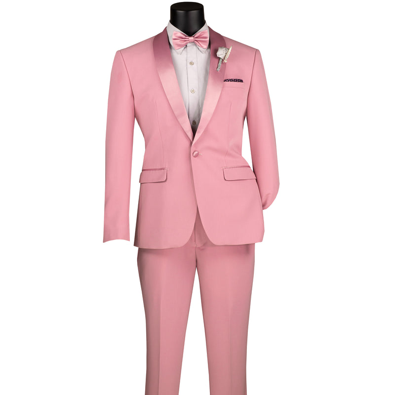 VINCI Men's Dusty Rose (Pink) Stretch 1-Button Slim-Fit Shawl Tuxedo - NEW. Features a sleek slim-fit design with skinny sateen shawl lapel and flat-front pants ready for tailoring. Ideal for weddings, galas, and formal occasions. Available at Fashion House Inc. (FH Menswear)
