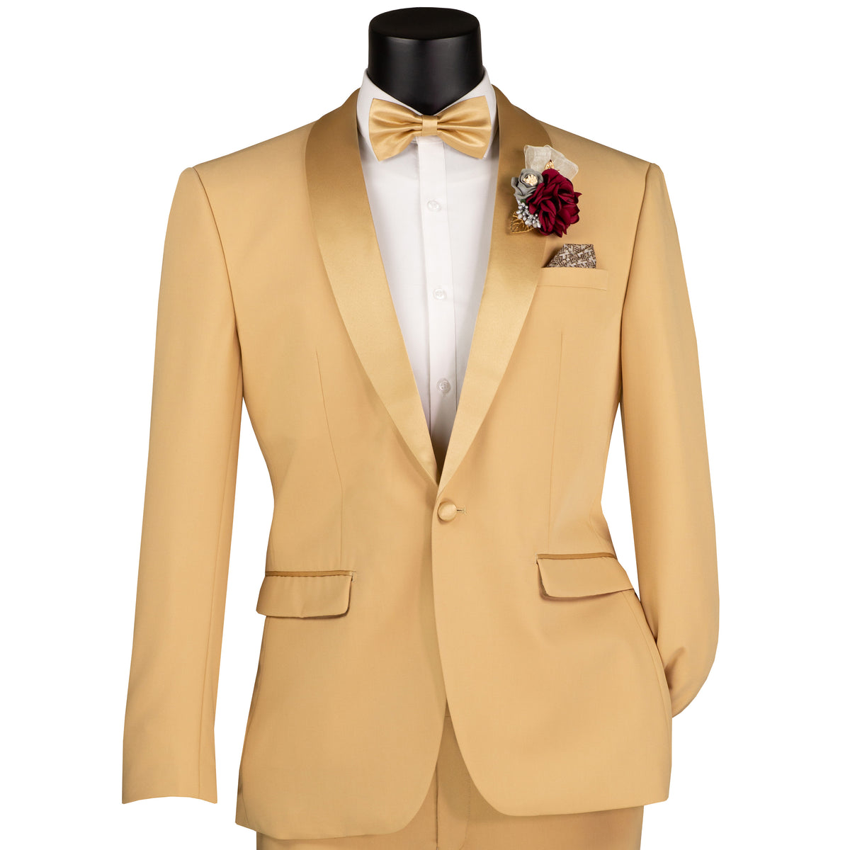VINCI Men's Light Gold Stretch 1-Button Slim-Fit Shawl Tuxedo - NEW. Features a sleek slim-fit design with skinny sateen shawl lapel and flat-front pants ready for tailoring. Ideal for weddings, galas, and formal occasions. Available at Fashion House Inc. (FH Menswear)