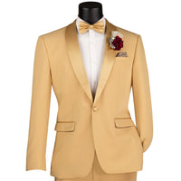VINCI Men's Light Gold Stretch 1-Button Slim-Fit Shawl Tuxedo - NEW. Features a sleek slim-fit design with skinny sateen shawl lapel and flat-front pants ready for tailoring. Ideal for weddings, galas, and formal occasions. Available at Fashion House Inc. (FH Menswear)