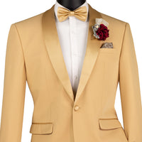 VINCI Men's Light Gold Stretch 1-Button Slim-Fit Shawl Tuxedo - NEW. Features a sleek slim-fit design with skinny sateen shawl lapel and flat-front pants ready for tailoring. Ideal for weddings, galas, and formal occasions. Available at Fashion House Inc. (FH Menswear)