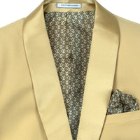 VINCI Men's Light Gold Stretch 1-Button Slim-Fit Shawl Tuxedo - NEW. Features a sleek slim-fit design with skinny sateen shawl lapel and flat-front pants ready for tailoring. Ideal for weddings, galas, and formal occasions. Available at Fashion House Inc. (FH Menswear)