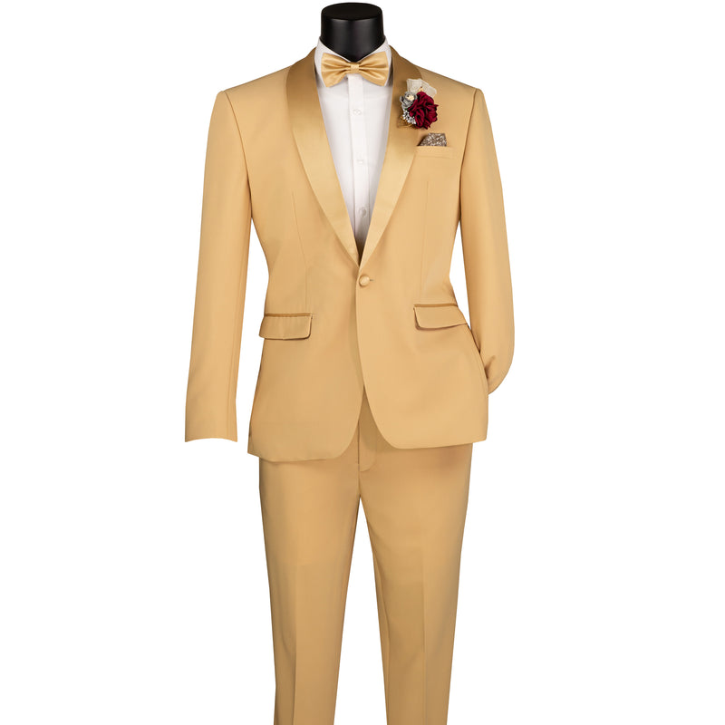 VINCI Men's Light Gold Stretch 1-Button Slim-Fit Shawl Tuxedo - NEW. Features a sleek slim-fit design with skinny sateen shawl lapel and flat-front pants ready for tailoring. Ideal for weddings, galas, and formal occasions. Available at Fashion House Inc. (FH Menswear)