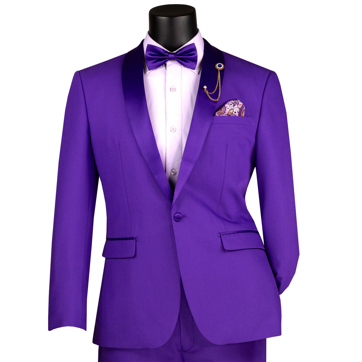 VINCI Men's Purple Stretch 1-Button Slim-Fit Shawl Tuxedo - NEW. Features a sleek slim-fit design with skinny sateen shawl lapel and flat-front pants ready for tailoring. Ideal for weddings, galas, and formal occasions. Available at Fashion House Inc. (FH Menswear)