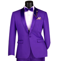 VINCI Men's Purple Stretch 1-Button Slim-Fit Shawl Tuxedo - NEW. Features a sleek slim-fit design with skinny sateen shawl lapel and flat-front pants ready for tailoring. Ideal for weddings, galas, and formal occasions. Available at Fashion House Inc. (FH Menswear)