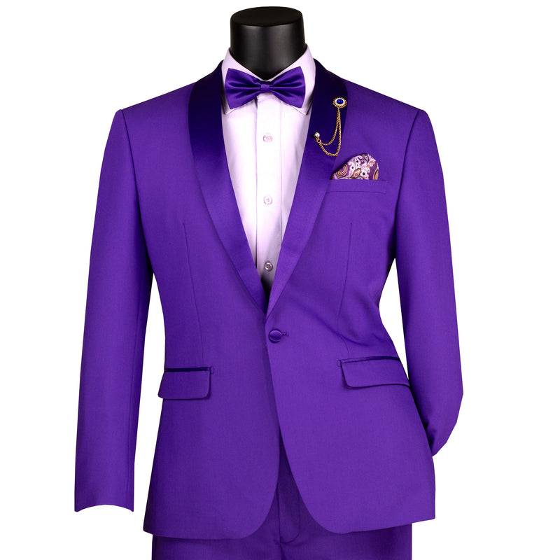 VINCI Men's Purple Stretch 1-Button Slim-Fit Shawl Tuxedo - NEW. Features a sleek slim-fit design with skinny sateen shawl lapel and flat-front pants ready for tailoring. Ideal for weddings, galas, and formal occasions. Available at Fashion House Inc. (FH Menswear)