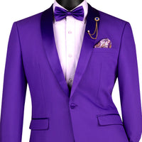 VINCI Men's Purple Stretch 1-Button Slim-Fit Shawl Tuxedo - NEW. Features a sleek slim-fit design with skinny sateen shawl lapel and flat-front pants ready for tailoring. Ideal for weddings, galas, and formal occasions. Available at Fashion House Inc. (FH Menswear)