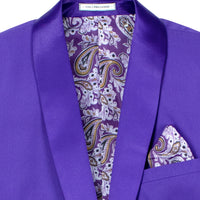 VINCI Men's Purple Stretch 1-Button Slim-Fit Shawl Tuxedo - NEW. Features a sleek slim-fit design with skinny sateen shawl lapel and flat-front pants ready for tailoring. Ideal for weddings, galas, and formal occasions. Available at Fashion House Inc. (FH Menswear)