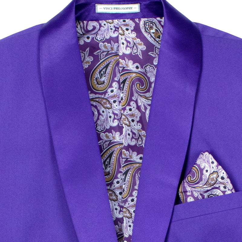 VINCI Men's Purple Stretch 1-Button Slim-Fit Shawl Tuxedo - NEW. Features a sleek slim-fit design with skinny sateen shawl lapel and flat-front pants ready for tailoring. Ideal for weddings, galas, and formal occasions. Available at Fashion House Inc. (FH Menswear)