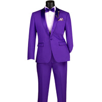 VINCI Men's Purple Stretch 1-Button Slim-Fit Shawl Tuxedo - NEW. Features a sleek slim-fit design with skinny sateen shawl lapel and flat-front pants ready for tailoring. Ideal for weddings, galas, and formal occasions. Available at Fashion House Inc. (FH Menswear)