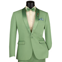 VINCI Men's Sage Green Stretch 1-Button Slim-Fit Shawl Tuxedo - NEW. Features a sleek slim-fit design with skinny sateen shawl lapel and flat-front pants ready for tailoring. Ideal for weddings, galas, and formal occasions. Available at Fashion House Inc. (FH Menswear)