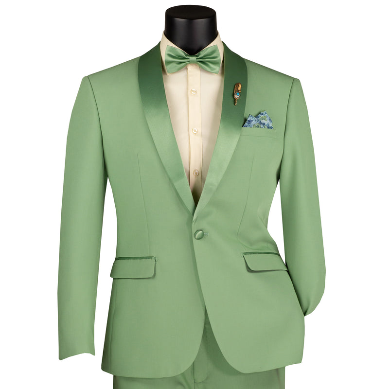 VINCI Men's Sage Green Stretch 1-Button Slim-Fit Shawl Tuxedo - NEW. Features a sleek slim-fit design with skinny sateen shawl lapel and flat-front pants ready for tailoring. Ideal for weddings, galas, and formal occasions. Available at Fashion House Inc. (FH Menswear)