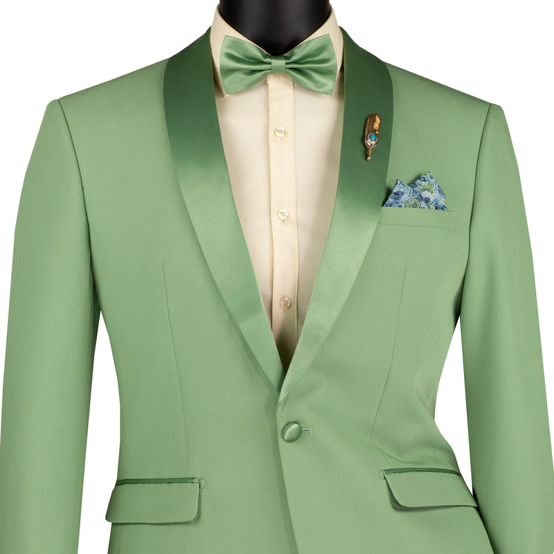 VINCI Men's Sage Green Stretch 1-Button Slim-Fit Shawl Tuxedo - NEW. Features a sleek slim-fit design with skinny sateen shawl lapel and flat-front pants ready for tailoring. Ideal for weddings, galas, and formal occasions. Available at Fashion House Inc. (FH Menswear)