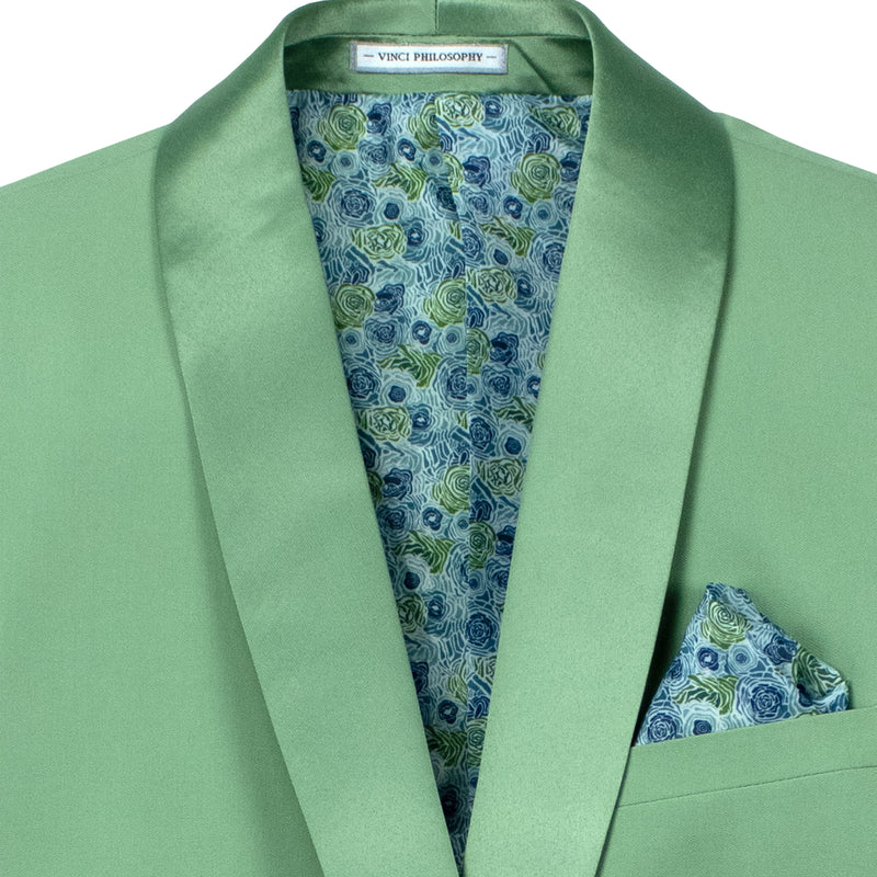 VINCI Men's Sage Green Stretch 1-Button Slim-Fit Shawl Tuxedo - NEW. Features a sleek slim-fit design with skinny sateen shawl lapel and flat-front pants ready for tailoring. Ideal for weddings, galas, and formal occasions. Available at Fashion House Inc. (FH Menswear)