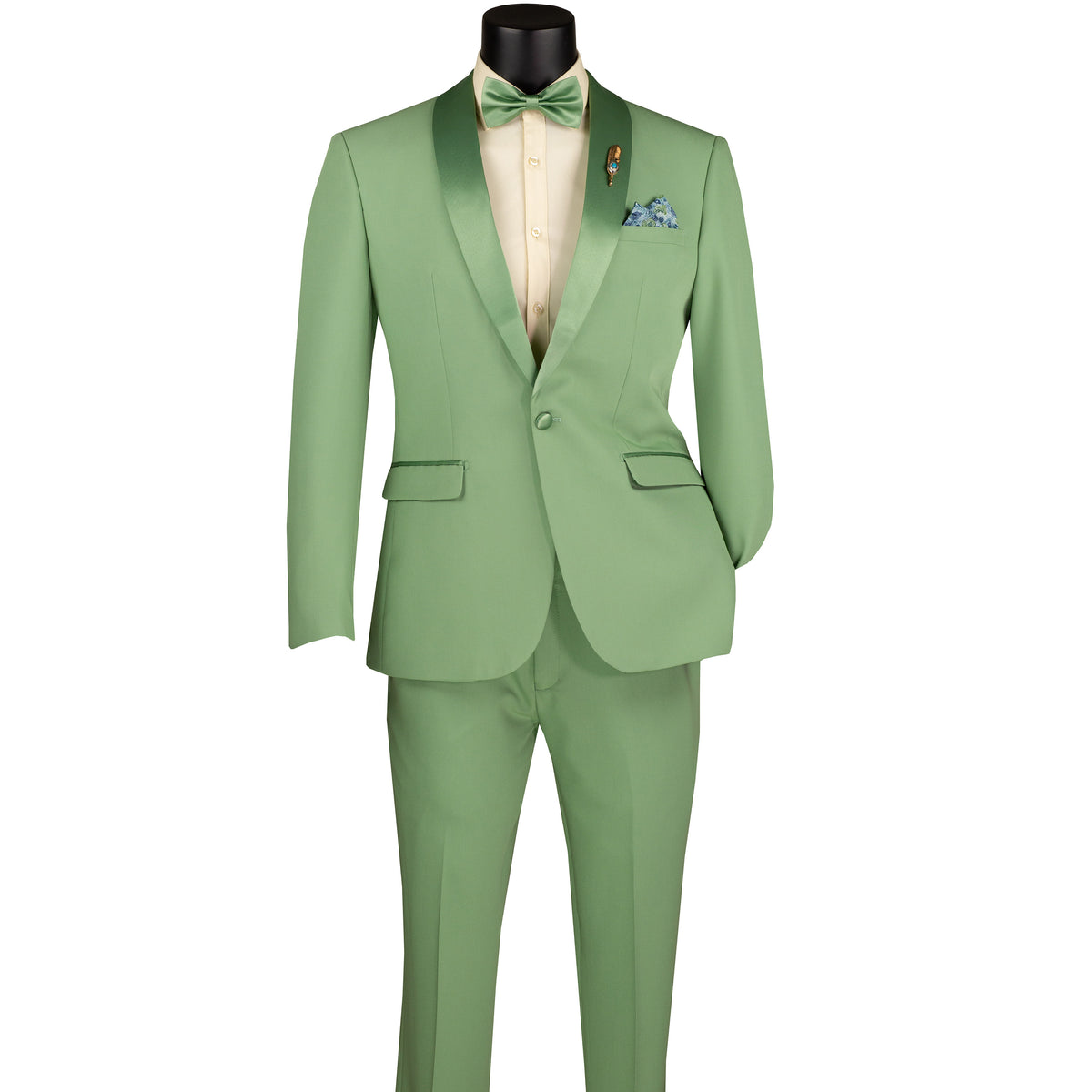 VINCI Men's Sage Green Stretch 1-Button Slim-Fit Shawl Tuxedo - NEW. Features a sleek slim-fit design with skinny sateen shawl lapel and flat-front pants ready for tailoring. Ideal for weddings, galas, and formal occasions. Available at Fashion House Inc. (FH Menswear)