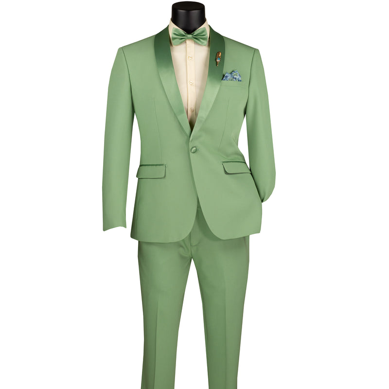 VINCI Men's Sage Green Stretch 1-Button Slim-Fit Shawl Tuxedo - NEW. Features a sleek slim-fit design with skinny sateen shawl lapel and flat-front pants ready for tailoring. Ideal for weddings, galas, and formal occasions. Available at Fashion House Inc. (FH Menswear)