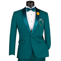 VINCI Men's Teal Blue Green Stretch 1-Button Slim-Fit Shawl Tuxedo - NEW. Features a sleek slim-fit design with skinny sateen shawl lapel and flat-front pants ready for tailoring. Ideal for weddings, galas, and formal occasions. Available at Fashion House Inc. (FH Menswear)