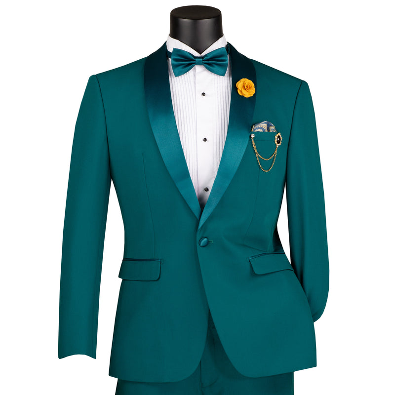 VINCI Men's Teal Blue Green Stretch 1-Button Slim-Fit Shawl Tuxedo - NEW. Features a sleek slim-fit design with skinny sateen shawl lapel and flat-front pants ready for tailoring. Ideal for weddings, galas, and formal occasions. Available at Fashion House Inc. (FH Menswear)