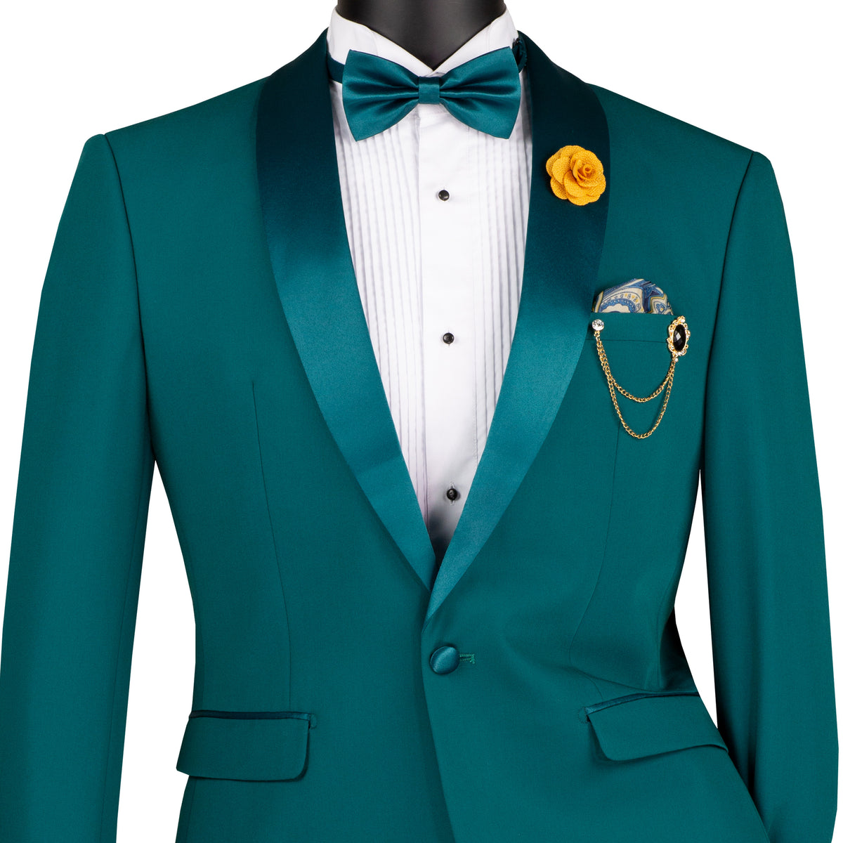 VINCI Men's Teal Blue Green Stretch 1-Button Slim-Fit Shawl Tuxedo - NEW. Features a sleek slim-fit design with skinny sateen shawl lapel and flat-front pants ready for tailoring. Ideal for weddings, galas, and formal occasions. Available at Fashion House Inc. (FH Menswear)