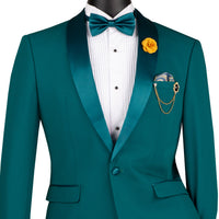 VINCI Men's Teal Blue Green Stretch 1-Button Slim-Fit Shawl Tuxedo - NEW. Features a sleek slim-fit design with skinny sateen shawl lapel and flat-front pants ready for tailoring. Ideal for weddings, galas, and formal occasions. Available at Fashion House Inc. (FH Menswear)