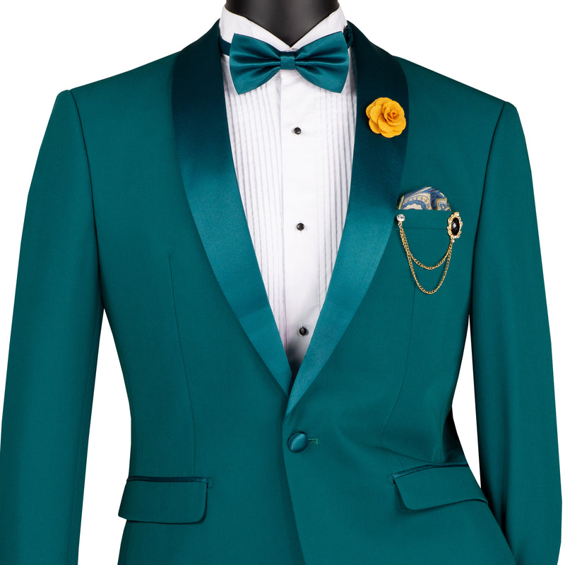 VINCI Men's Teal Blue Green Stretch 1-Button Slim-Fit Shawl Tuxedo - NEW. Features a sleek slim-fit design with skinny sateen shawl lapel and flat-front pants ready for tailoring. Ideal for weddings, galas, and formal occasions. Available at Fashion House Inc. (FH Menswear)