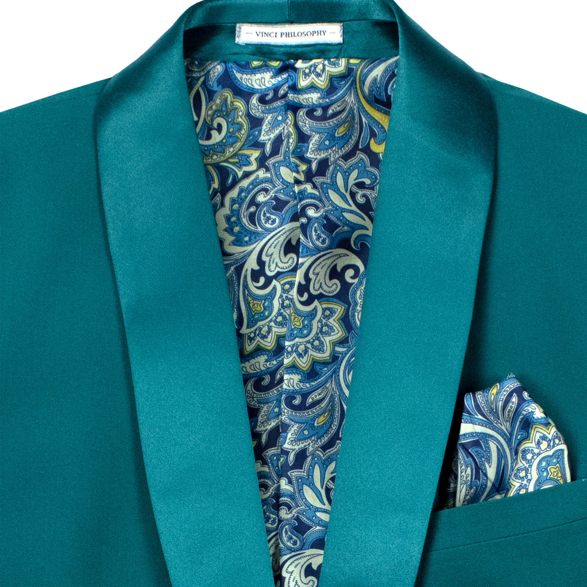 VINCI Men's Teal Blue Green Stretch 1-Button Slim-Fit Shawl Tuxedo - NEW. Features a sleek slim-fit design with skinny sateen shawl lapel and flat-front pants ready for tailoring. Ideal for weddings, galas, and formal occasions. Available at Fashion House Inc. (FH Menswear)