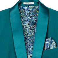 VINCI Men's Teal Blue Green Stretch 1-Button Slim-Fit Shawl Tuxedo - NEW. Features a sleek slim-fit design with skinny sateen shawl lapel and flat-front pants ready for tailoring. Ideal for weddings, galas, and formal occasions. Available at Fashion House Inc. (FH Menswear)