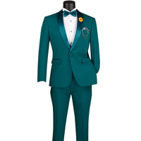 VINCI Men's Teal Blue Green Stretch 1-Button Slim-Fit Shawl Tuxedo - NEW. Features a sleek slim-fit design with skinny sateen shawl lapel and flat-front pants ready for tailoring. Ideal for weddings, galas, and formal occasions. Available at Fashion House Inc. (FH Menswear)