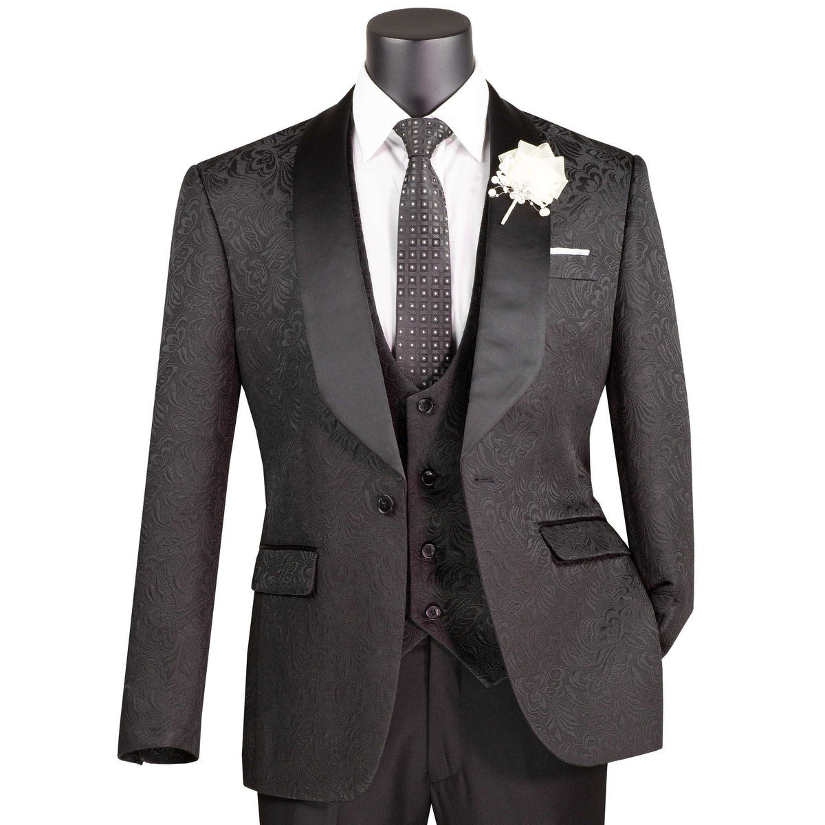 VINCI Men's Black Jacquard 3-Piece Slim Fit Tuxedo Wedding Suit – NEW. Features a slim silhouette with bold trimmed shawl lapel, fully lined jacket, and flat-front tuxedo pants with unfinished hems for tailored fit. A refined choice for weddings and formal events. Available at Fashion House Inc. (FH Menswear, Style #TVSJ-1)