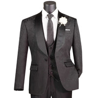 VINCI Men's Black Jacquard 3-Piece Slim Fit Tuxedo Wedding Suit – NEW. Features a slim silhouette with bold trimmed shawl lapel, fully lined jacket, and flat-front tuxedo pants with unfinished hems for tailored fit. A refined choice for weddings and formal events. Available at Fashion House Inc. (FH Menswear, Style #TVSJ-1)