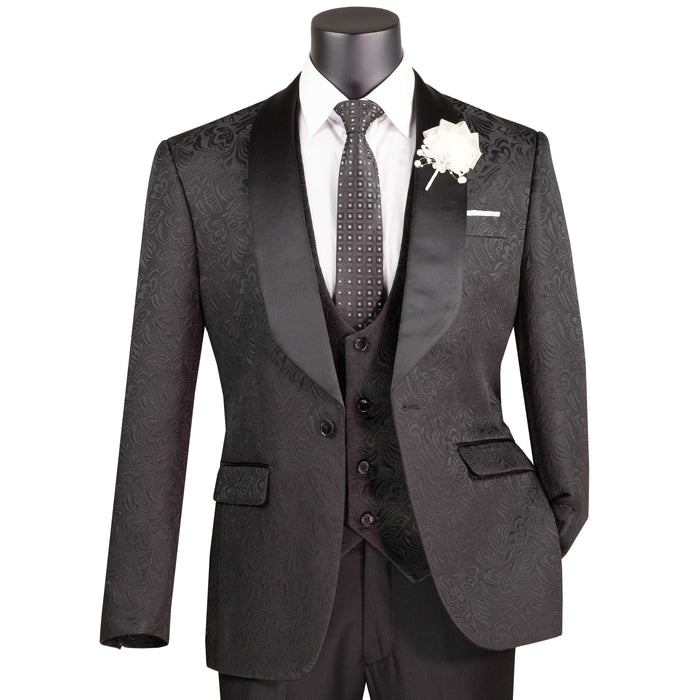VINCI Men's Black Jacquard 3-Piece Slim Fit Tuxedo Wedding Suit – NEW. Features a slim silhouette with bold trimmed shawl lapel, fully lined jacket, and flat-front tuxedo pants with unfinished hems for tailored fit. A refined choice for weddings and formal events. Available at Fashion House Inc. (FH Menswear, Style #TVSJ-1)