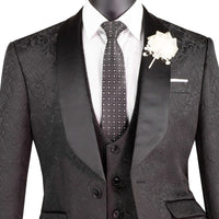 VINCI Men's Black Jacquard 3-Piece Slim Fit Tuxedo Wedding Suit – NEW. Features a slim silhouette with bold trimmed shawl lapel, fully lined jacket, and flat-front tuxedo pants with unfinished hems for tailored fit. A refined choice for weddings and formal events. Available at Fashion House Inc. (FH Menswear, Style #TVSJ-1)