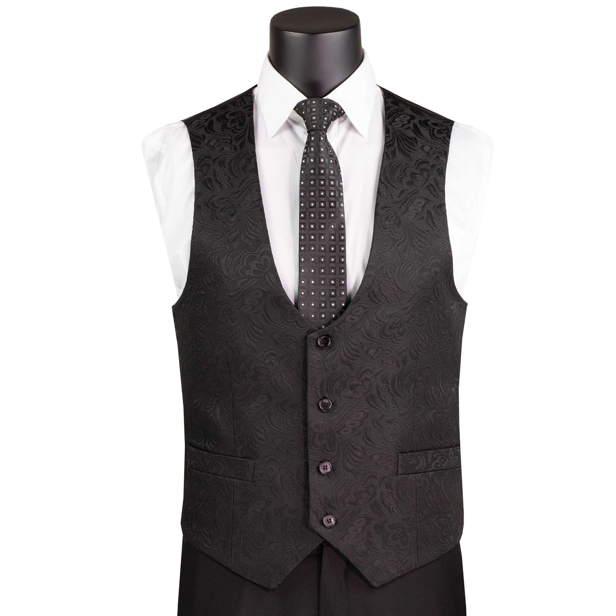 VINCI Men's Black Jacquard 3-Piece Slim Fit Tuxedo Wedding Suit – NEW. Features a slim silhouette with bold trimmed shawl lapel, fully lined jacket, and flat-front tuxedo pants with unfinished hems for tailored fit. A refined choice for weddings and formal events. Available at Fashion House Inc. (FH Menswear, Style #TVSJ-1)