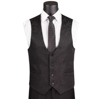 VINCI Men's Black Jacquard 3-Piece Slim Fit Tuxedo Wedding Suit – NEW. Features a slim silhouette with bold trimmed shawl lapel, fully lined jacket, and flat-front tuxedo pants with unfinished hems for tailored fit. A refined choice for weddings and formal events. Available at Fashion House Inc. (FH Menswear, Style #TVSJ-1)