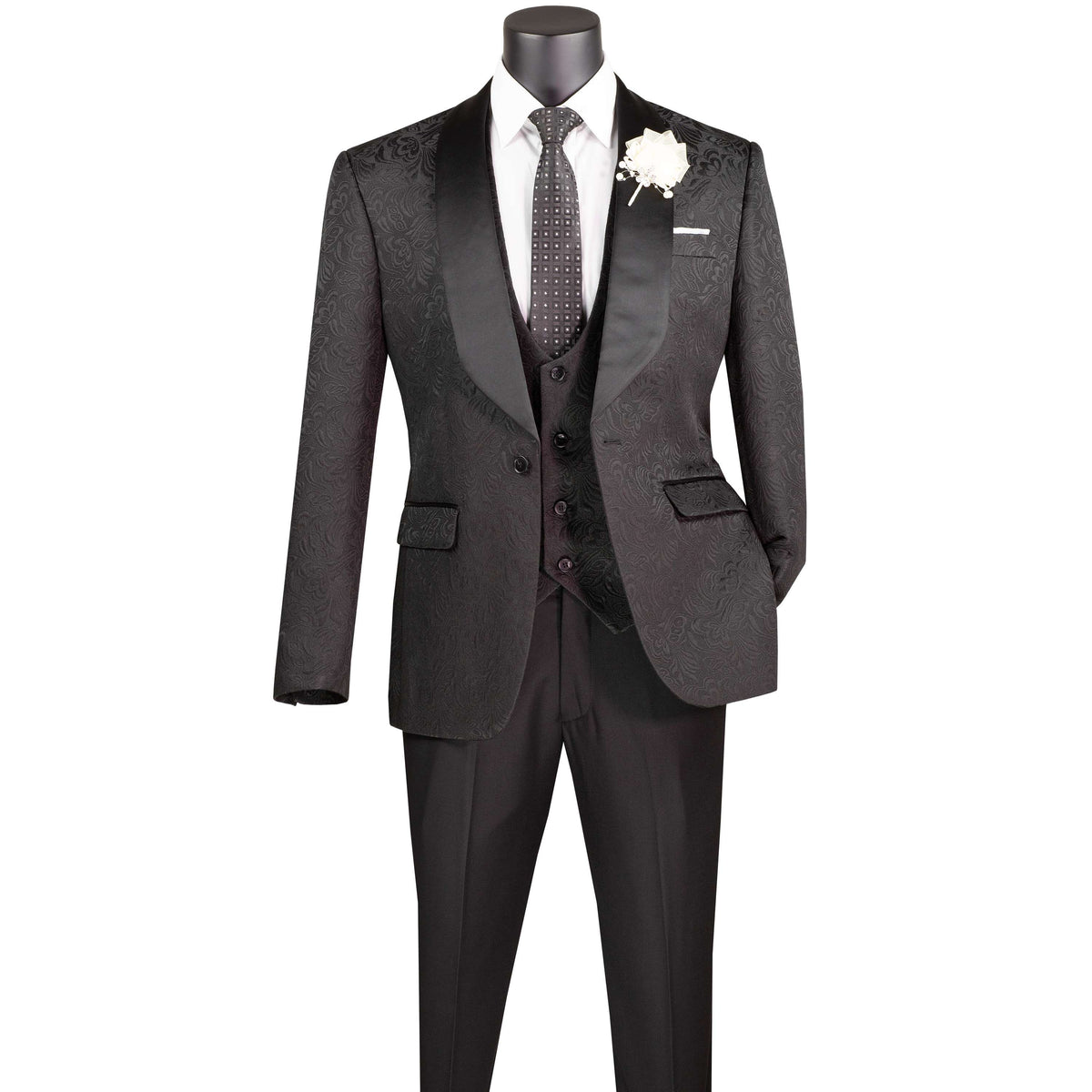 VINCI Men's Black Jacquard 3-Piece Slim Fit Tuxedo Wedding Suit – NEW. Features a slim silhouette with bold trimmed shawl lapel, fully lined jacket, and flat-front tuxedo pants with unfinished hems for tailored fit. A refined choice for weddings and formal events. Available at Fashion House Inc. (FH Menswear, Style #TVSJ-1)
