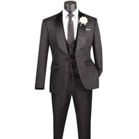 VINCI Men's Black Jacquard 3-Piece Slim Fit Tuxedo Wedding Suit – NEW. Features a slim silhouette with bold trimmed shawl lapel, fully lined jacket, and flat-front tuxedo pants with unfinished hems for tailored fit. A refined choice for weddings and formal events. Available at Fashion House Inc. (FH Menswear, Style #TVSJ-1)