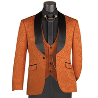 VINCI Men's Caramel Brown Jacquard 3-Piece Slim Fit Tuxedo Wedding Suit – NEW. Features a slim silhouette with bold trimmed shawl lapel, fully lined jacket, and flat-front tuxedo pants with unfinished hems for tailored fit. A refined choice for weddings and formal events. Available at Fashion House Inc. (FH Menswear, Style #TVSJ-1)