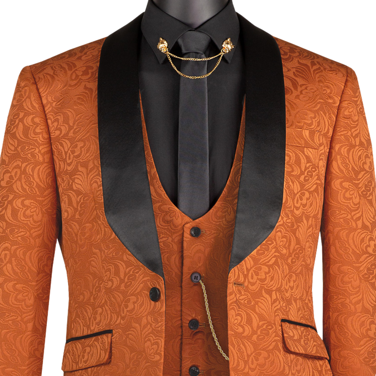 VINCI Men's Caramel Brown Jacquard 3-Piece Slim Fit Tuxedo Wedding Suit – NEW. Features a slim silhouette with bold trimmed shawl lapel, fully lined jacket, and flat-front tuxedo pants with unfinished hems for tailored fit. A refined choice for weddings and formal events. Available at Fashion House Inc. (FH Menswear, Style #TVSJ-1)