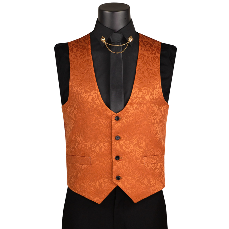 VINCI Men's Caramel Brown Jacquard 3-Piece Slim Fit Tuxedo Wedding Suit – NEW. Features a slim silhouette with bold trimmed shawl lapel, fully lined jacket, and flat-front tuxedo pants with unfinished hems for tailored fit. A refined choice for weddings and formal events. Available at Fashion House Inc. (FH Menswear, Style #TVSJ-1)