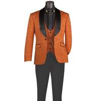 VINCI Men's Caramel Brown Jacquard 3-Piece Slim Fit Tuxedo Wedding Suit – NEW. Features a slim silhouette with bold trimmed shawl lapel, fully lined jacket, and flat-front tuxedo pants with unfinished hems for tailored fit. A refined choice for weddings and formal events. Available at Fashion House Inc. (FH Menswear, Style #TVSJ-1)