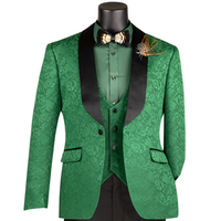 VINCI Men's Green Jacquard 3-Piece Slim Fit Tuxedo Wedding Suit – NEW. Features a slim silhouette with bold trimmed shawl lapel, fully lined jacket, and flat-front tuxedo pants with unfinished hems for tailored fit. A refined choice for weddings and formal events. Available at Fashion House Inc. (FH Menswear, Style #TVSJ-1)