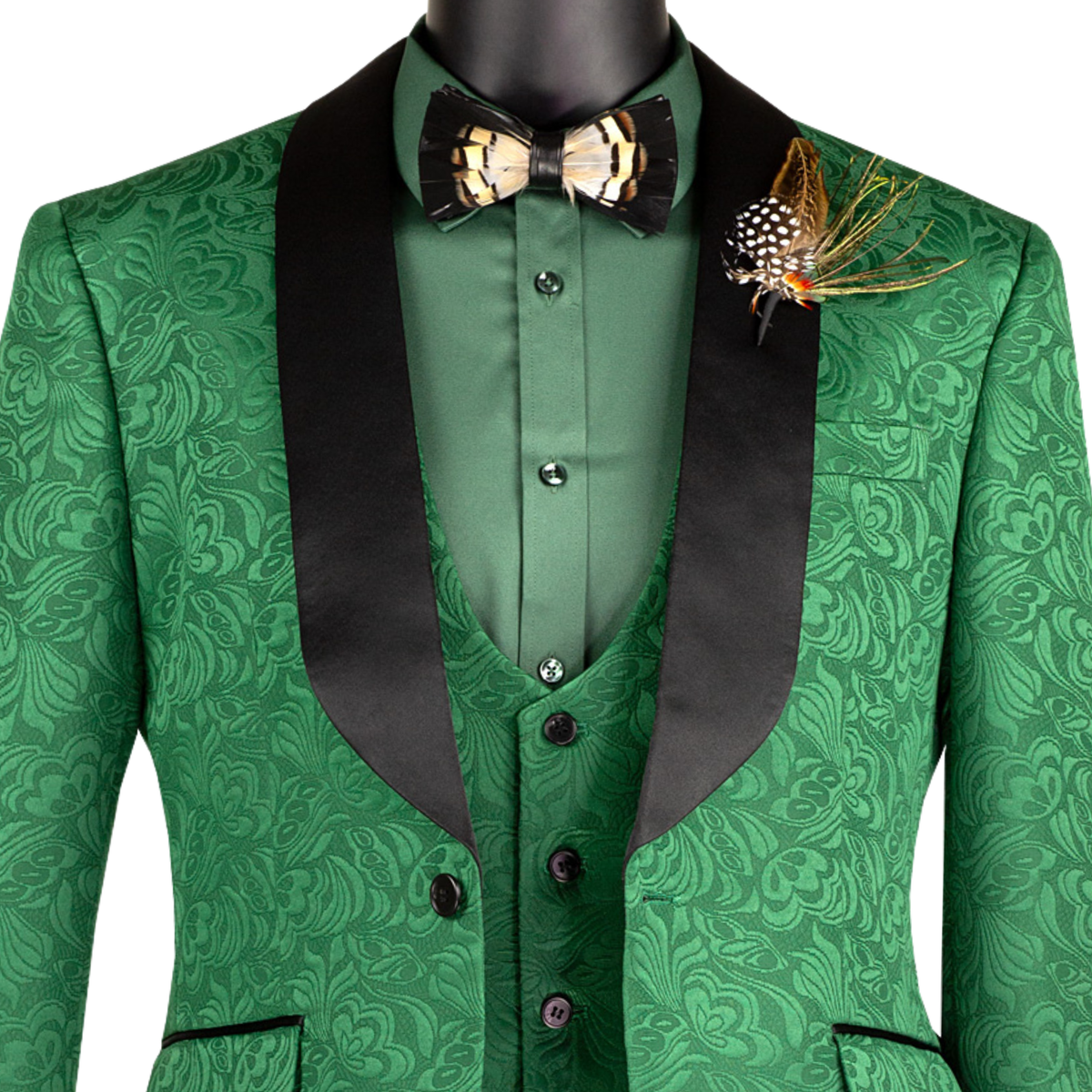 VINCI Men's Green Jacquard 3-Piece Slim Fit Tuxedo Wedding Suit – NEW. Features a slim silhouette with bold trimmed shawl lapel, fully lined jacket, and flat-front tuxedo pants with unfinished hems for tailored fit. A refined choice for weddings and formal events. Available at Fashion House Inc. (FH Menswear, Style #TVSJ-1)