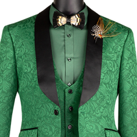 VINCI Men's Green Jacquard 3-Piece Slim Fit Tuxedo Wedding Suit – NEW. Features a slim silhouette with bold trimmed shawl lapel, fully lined jacket, and flat-front tuxedo pants with unfinished hems for tailored fit. A refined choice for weddings and formal events. Available at Fashion House Inc. (FH Menswear, Style #TVSJ-1)