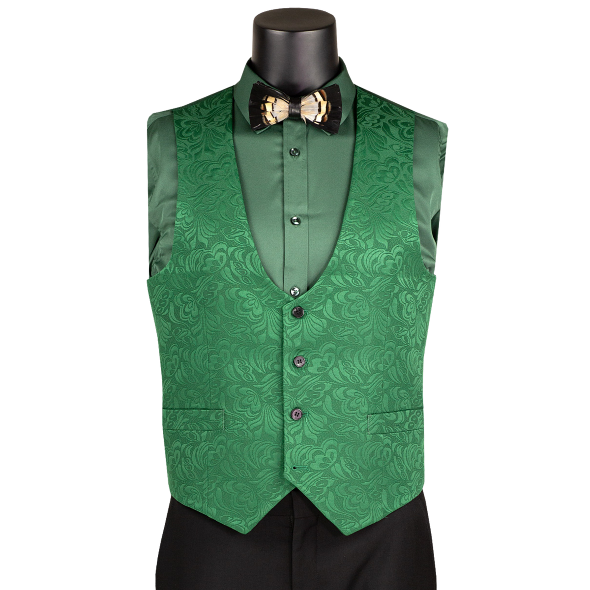 VINCI Men's Green Jacquard 3-Piece Slim Fit Tuxedo Wedding Suit – NEW. Features a slim silhouette with bold trimmed shawl lapel, fully lined jacket, and flat-front tuxedo pants with unfinished hems for tailored fit. A refined choice for weddings and formal events. Available at Fashion House Inc. (FH Menswear, Style #TVSJ-1)